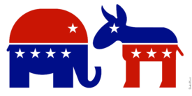 Illustration of an elephant and donkey (GOP and Democrat mascots), but with mixed-up red/blue coloring.
