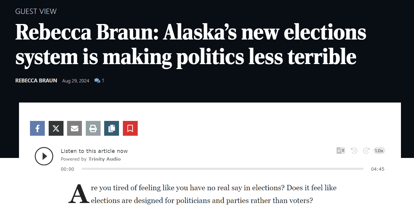 the_missoulian_10_10_24|montana_public_radio_10_10_24 Screenshot from the Missoulian for the story "Alaska's new elections system is making politics less terrible."|Screenshot from Montana Public Radio on the story "How we vote is on the ballot"