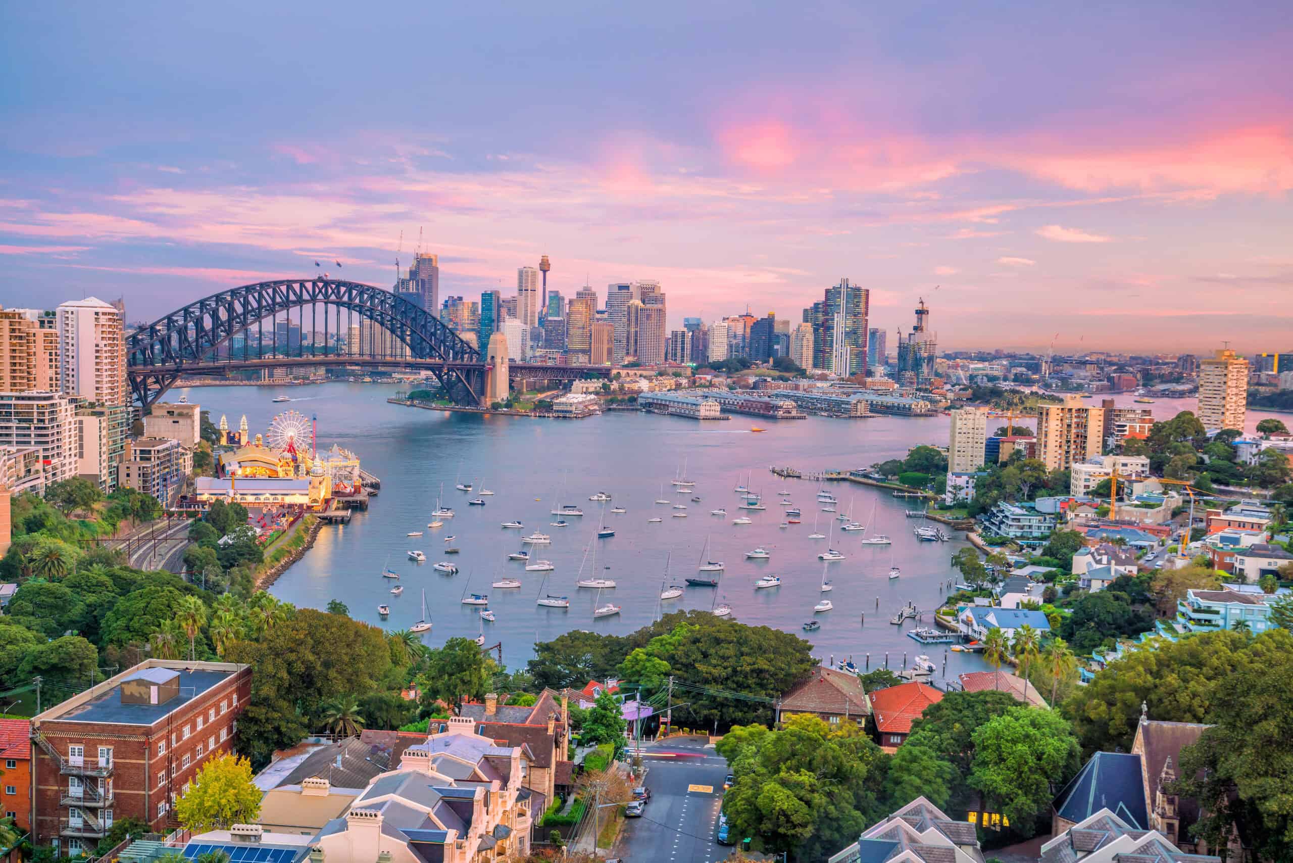 Downtown Sydney skyline in Australia from top view at twilight. Photo by f11photo via Shutterstock.