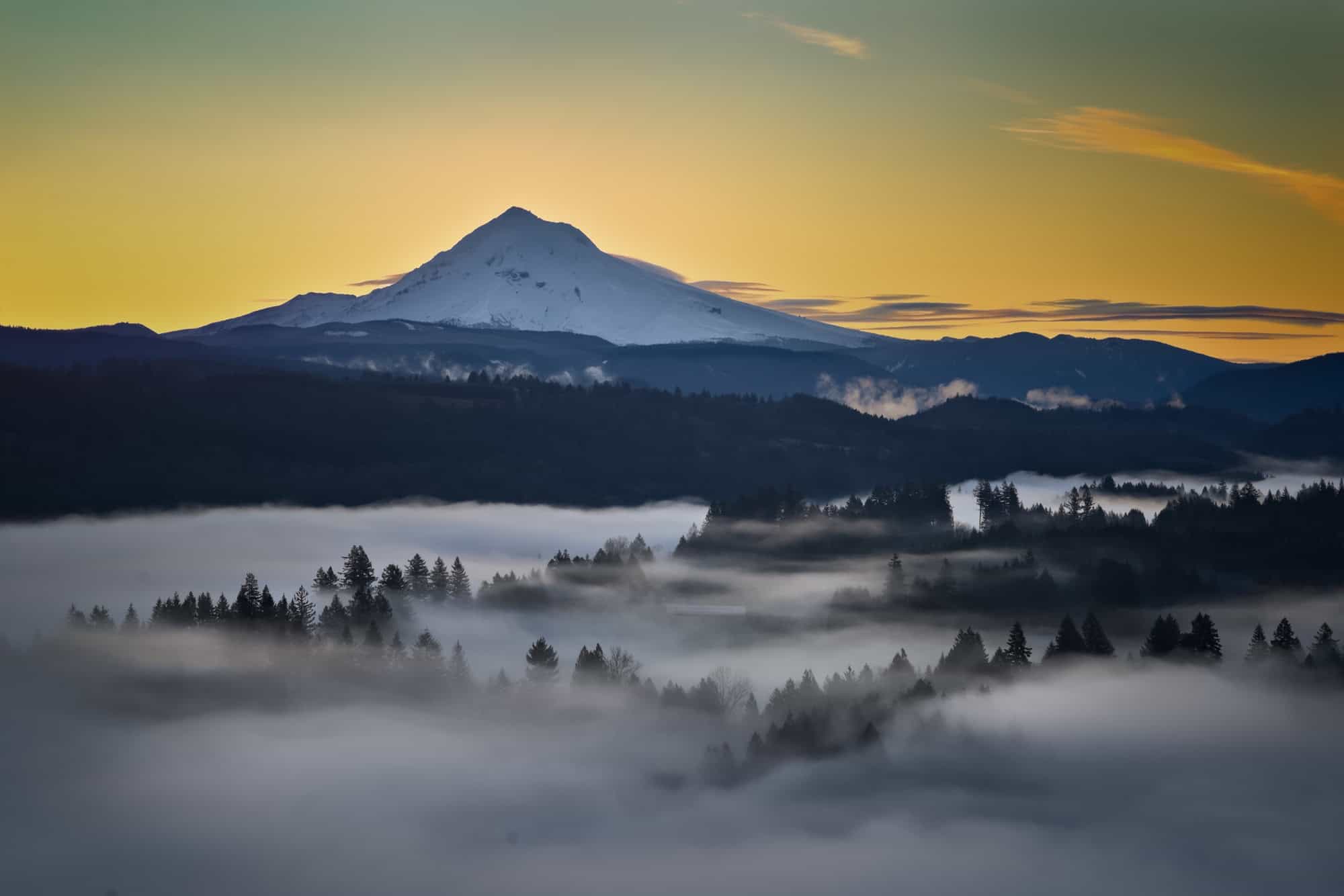 Beautiful image of Mount Hood over foggy forest at Jonsrud Viewpoint during sunrise. Photo by Barry Savage, via Shutterstock.