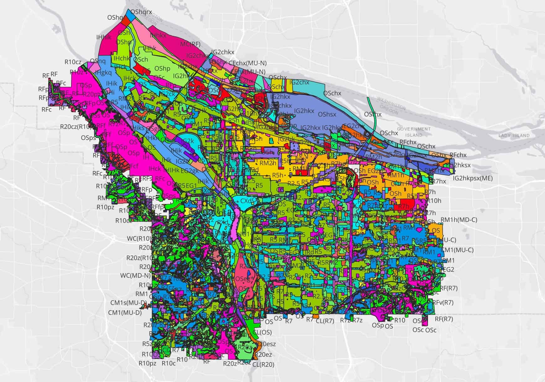 A map of base and overlay zones in Portland, Oregon, shared by Strong Towns PDX. The advocacy and education organization counted 779 distinct sets of land-use rules.