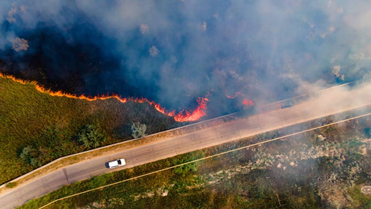 Aerial view of a white car driving away on a highway as a wildfire approaches in the surrounding forests