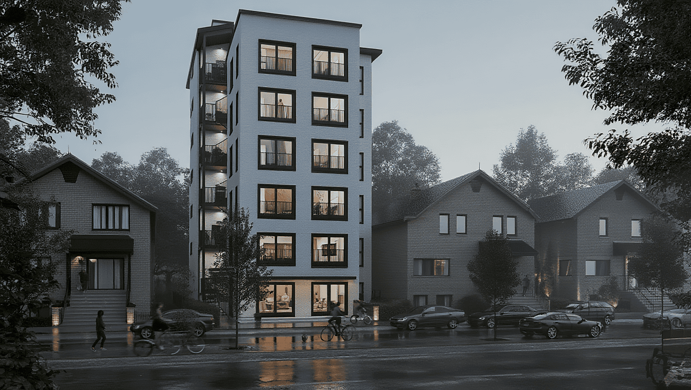 A proposed six-story apartment building concept, designed by LaneFab (Bryn Davidson, 2025). 