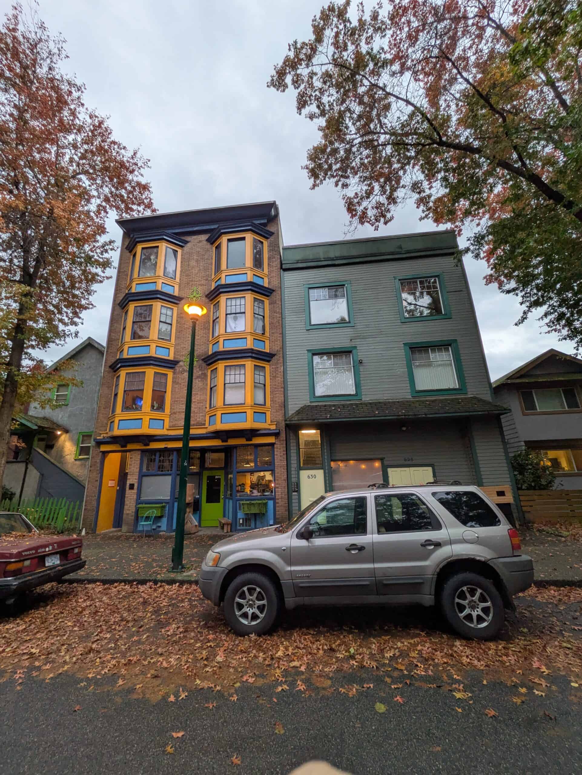 Narrow apartment buildings in Strathcona (Daniel Oleksiuk, 2025). 