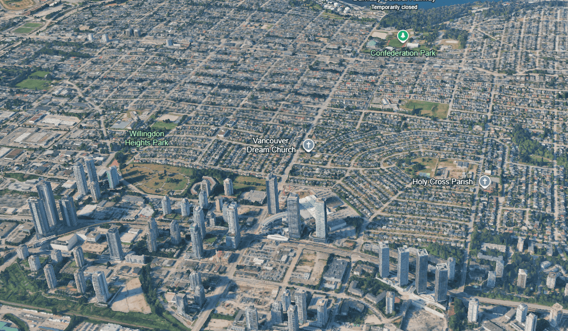 “Tall and sprawl” in Burnaby’s Brentwood Neighborhood, viewed from above (Google Earth, 2025). 