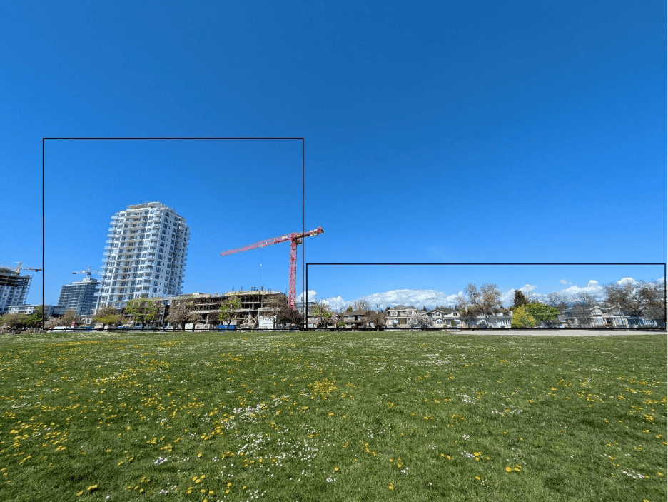 “Tall and sprawl” in microcosm on West 42nd Avenue in Vancouver (Daniel Oleksiuk, 2025). 