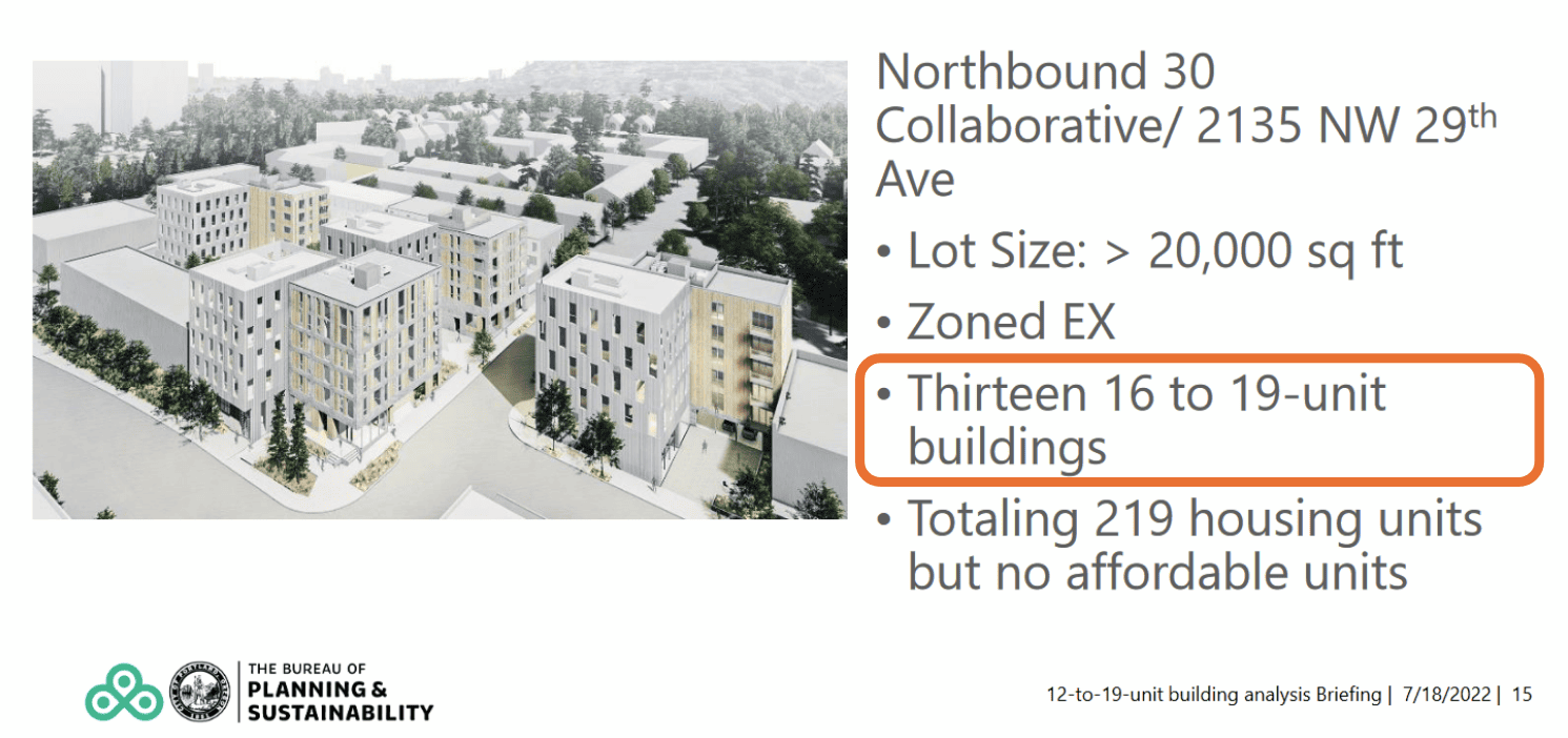Screen shot from Portland Bureau of Planning and Sustainability, with an orange box highlighting thirteen 16 to 19-unit buildings