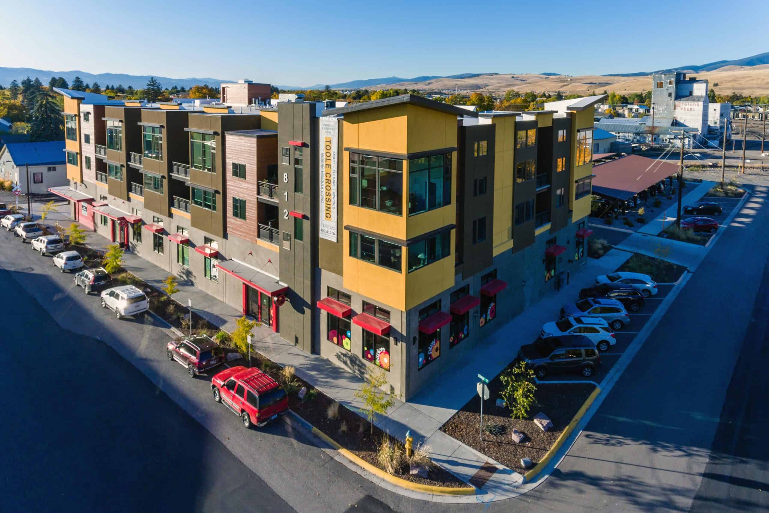 Mixed use buildings like this coffee shop topped with apartments on Missoula's Westside are now legal citywide. Photo by Sirius Construction, used with permission.