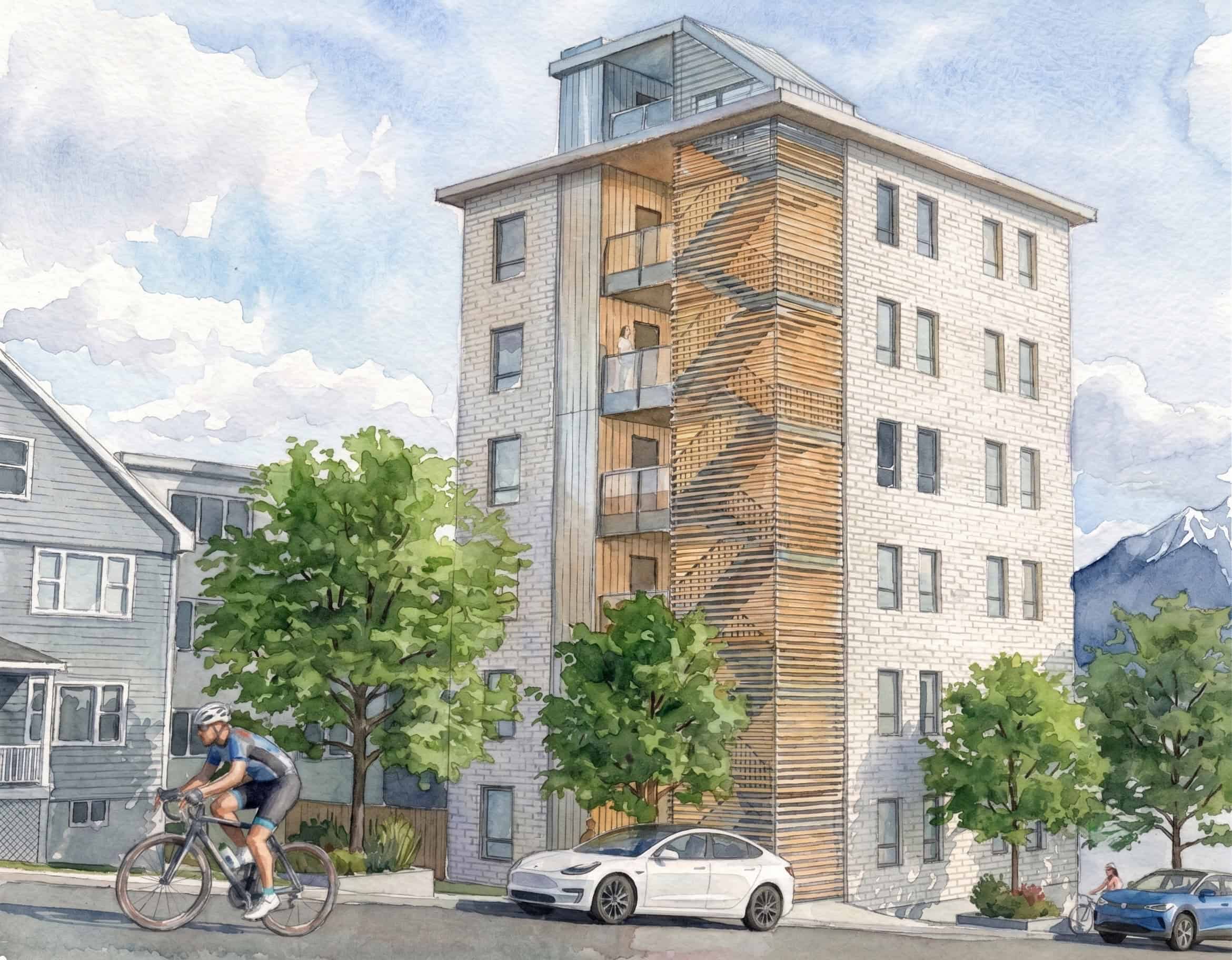 A six-story, single-stair building concept on an orphan lot in Vancouver, BC, with one or two homes per floor.