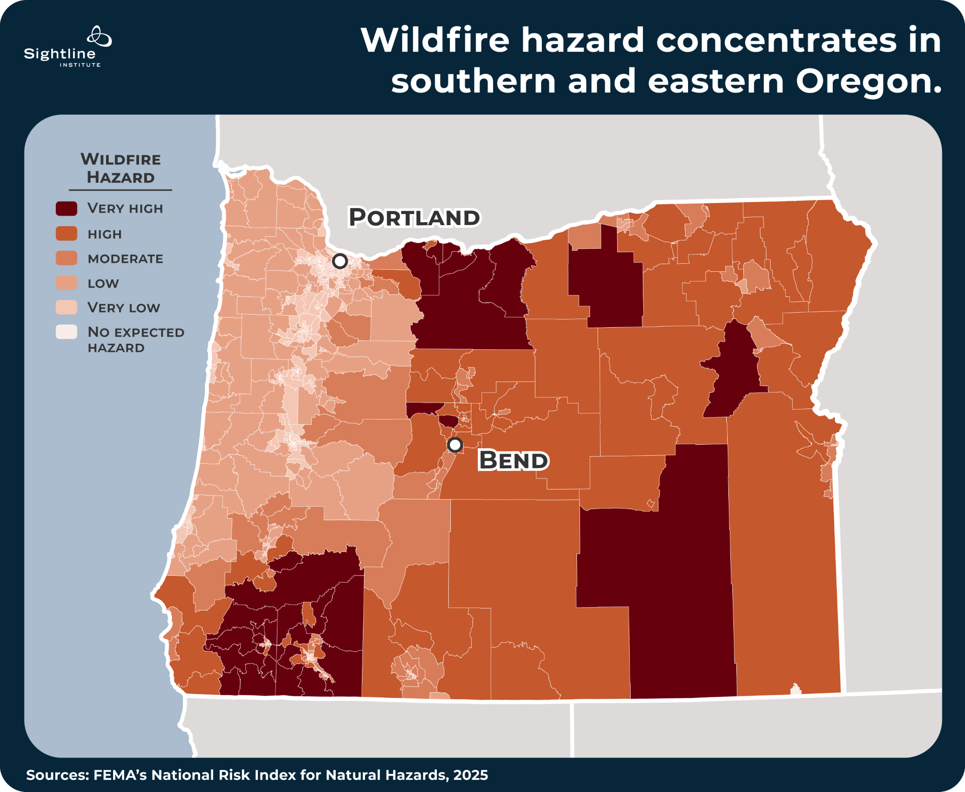 Map showing how wildfire hazard concentrates in southern and eastern Oregon