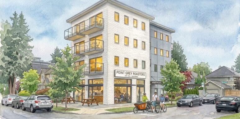 A mixed-use Four/Five, with a corner store cafe to boost neighborhood vibrancy. This design won’t be possible unless Vancouver opts to allow mixed-use single-stair buildings (if not, a scissor stair could make it workable).