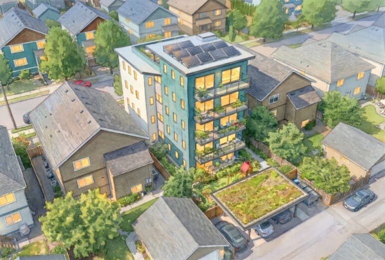 A Four/Five between two single-detached homes, with a green-roof carport in back. The Four/Five’s five-story segment is about the height of a mature tree, if taller than a house or multiplex. In many cases, though, the rear yard is more open than it would be with a multiplex, which typically covers a great deal of the lot.