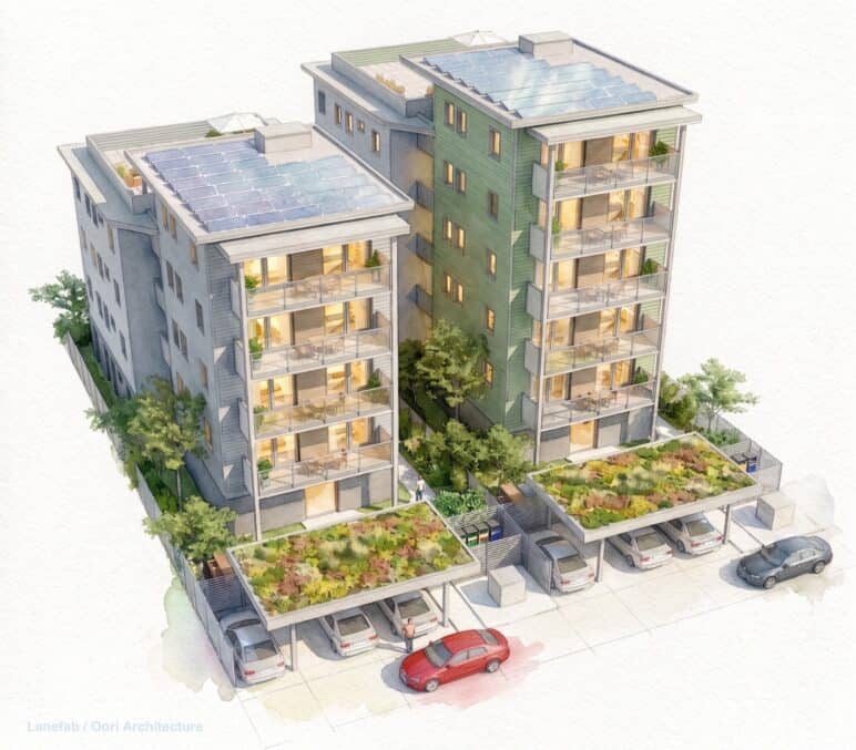 A Four/Five next to a Five/Six,” each with green-roof carports. On neighboring 50-foot lots, each with a rear side yard that’s 20 percent of the lot width, or 10 feet, the width of the shared light well between the two buildings is a full 20 feet. 