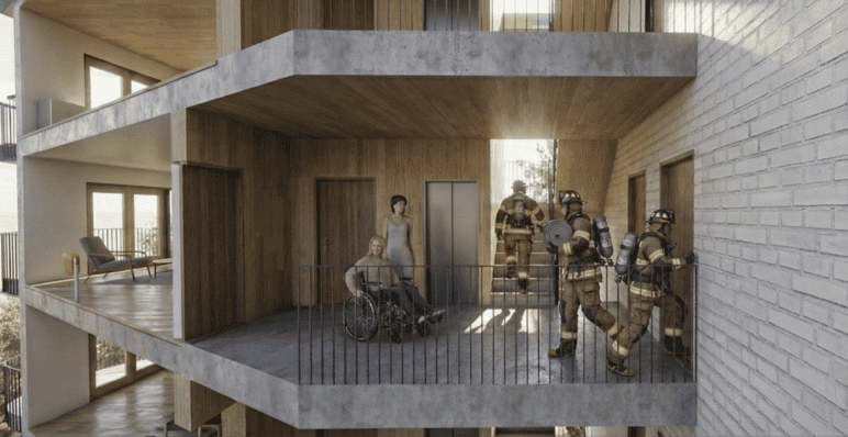 Cross-section of a Four/Five exterior “Vancouver Stair” and elevator, where first responders could safely and speedily access all building floors in an emergency, while in everyday life, residents enjoy an informally social and accessible shared space.