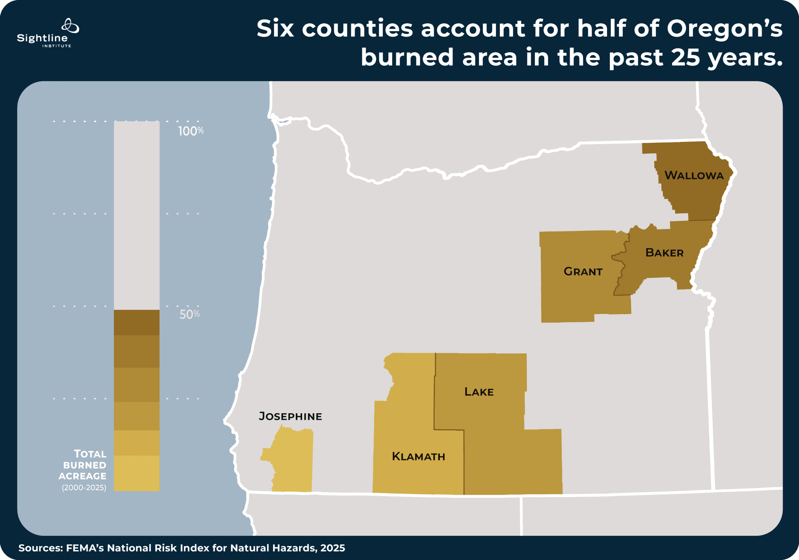 Map showing how Oregon's least populated counties experience half of the state's wildfires