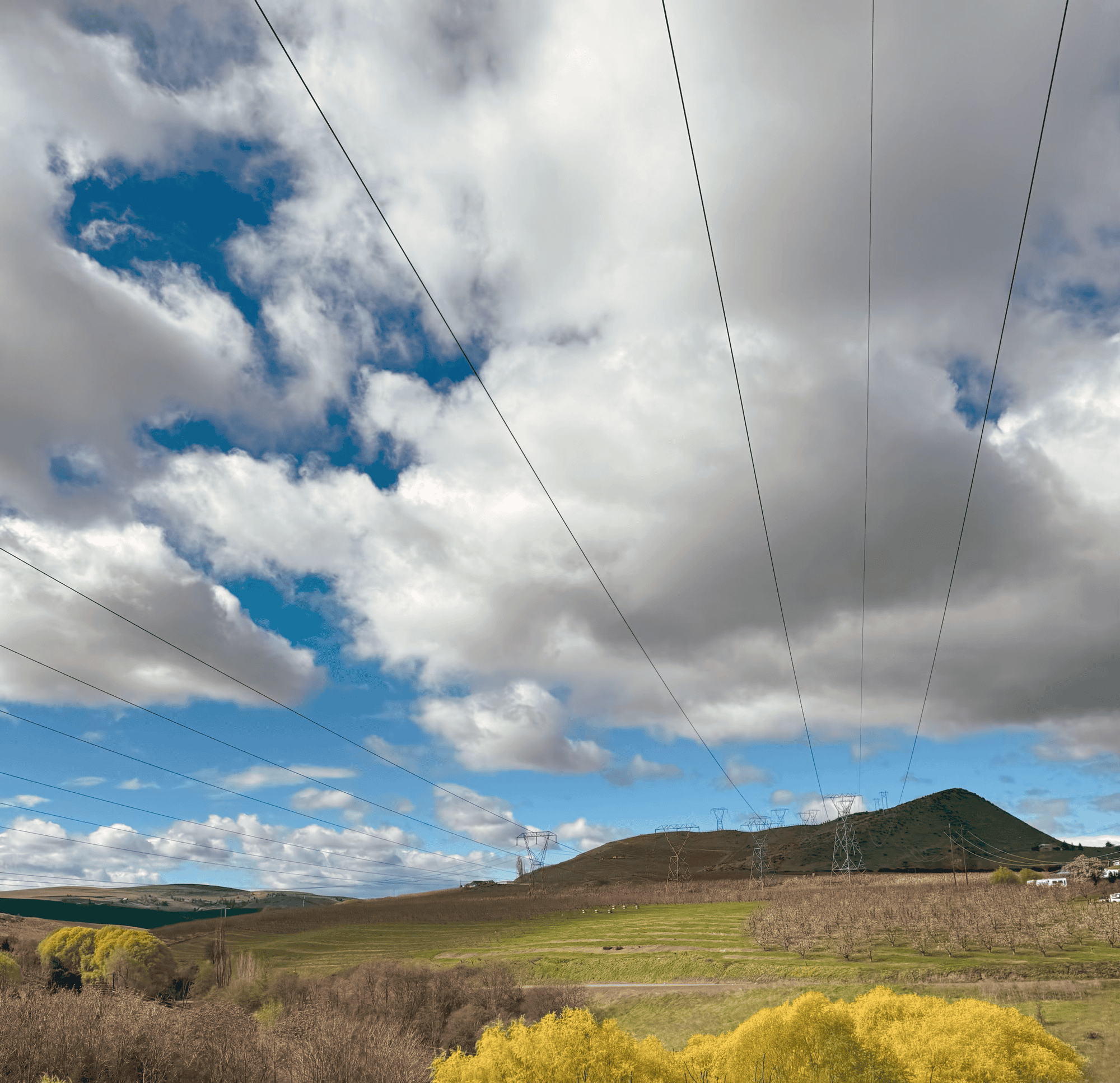 Power lines stretch between transmission towers along the Dalles-California Highway, south of The Dalles, Oregon. 