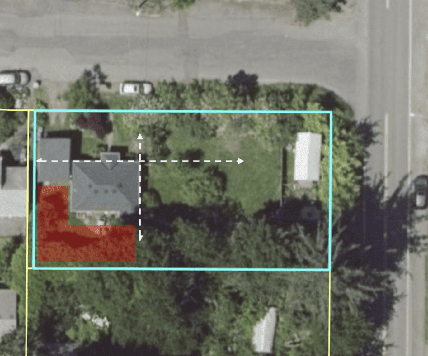 Technically, mobile dwellings are allowed only on the red section of this 10,850-square-foot property, making the tiny house on the lot’s more private upper-right corner non-compliant. Image from Portland Maps. 