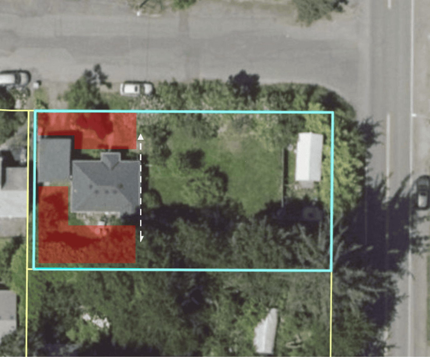 Technically, mobile dwellings are allowed only on the red sections of this 10,850-square-foot property, making the tiny house on the lot’s more private upper-right corner non-compliant. Image from Portland Maps.