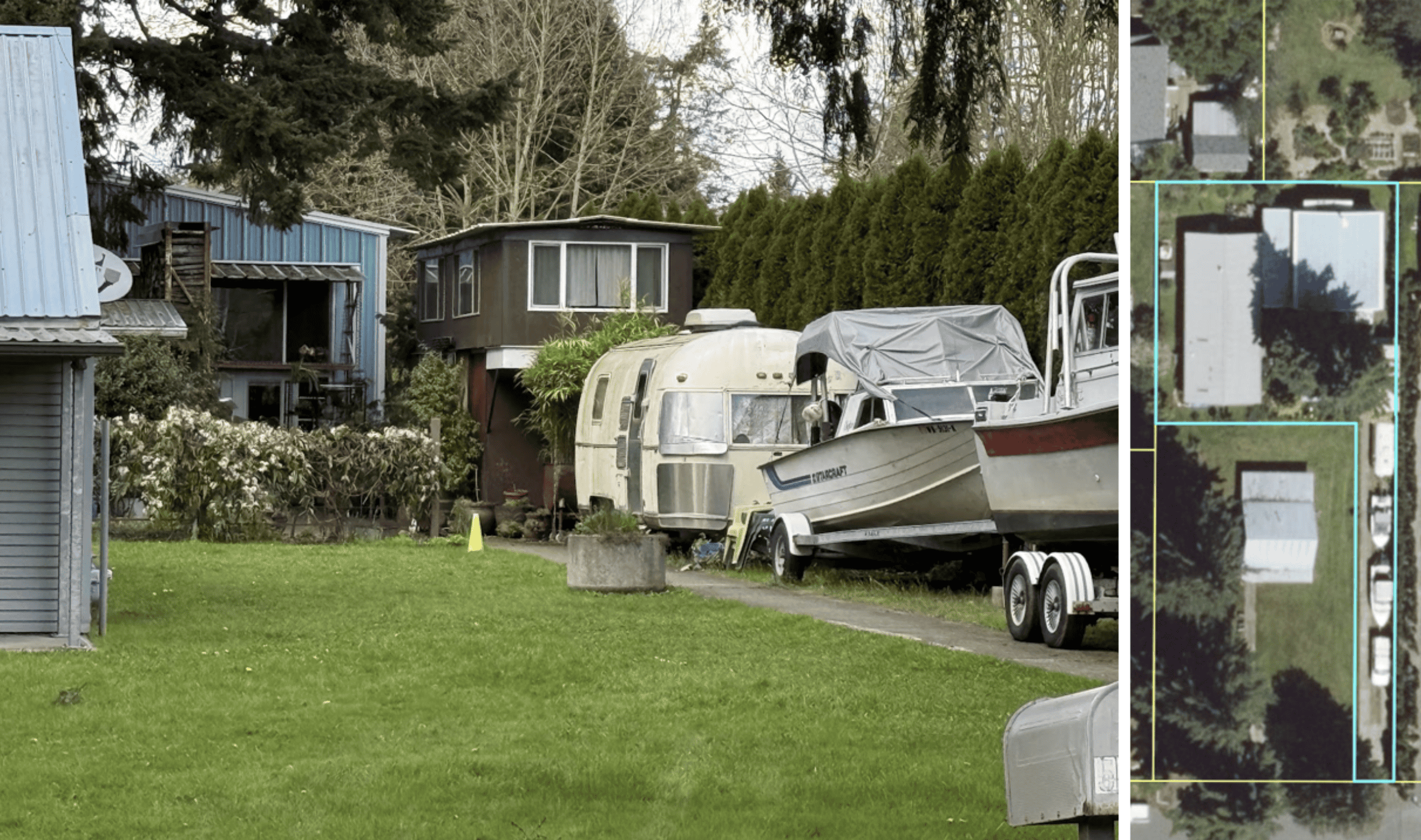 This brown tiny house on wheels lives in the driveway of a flag lot. Photo by Kol Peterson, aerial image by Portland Maps. 