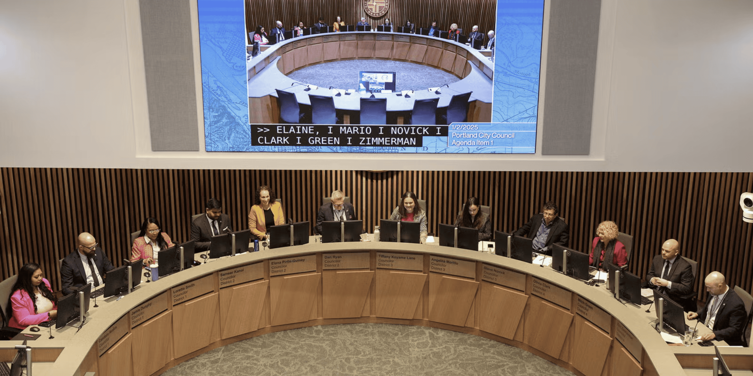 The full Portland City Council, in chambers, January 2025. Photo by City of Portland, public domain.