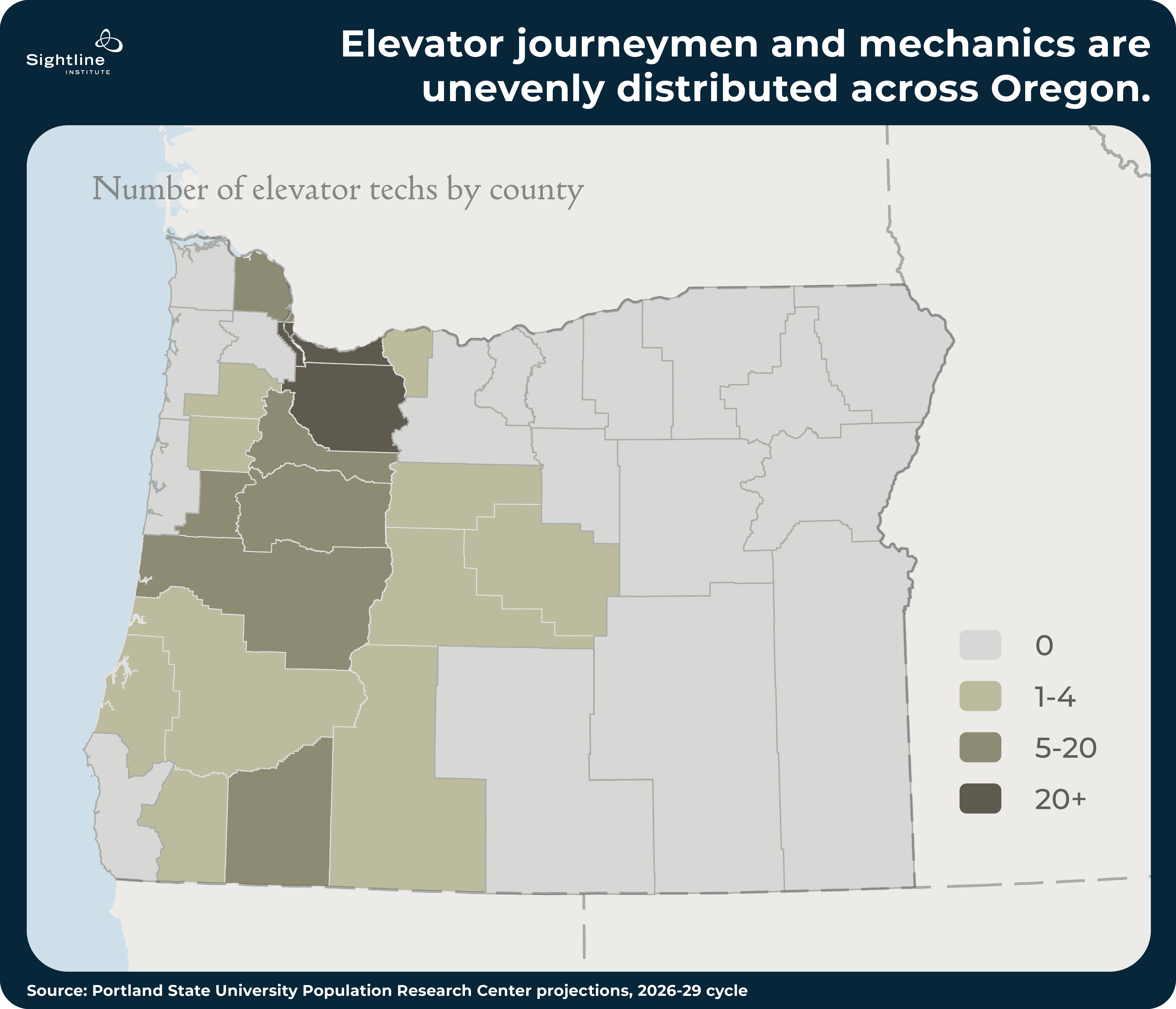 Map showing elevator journeymen and mechanics are unevenly distributed across Oregon.