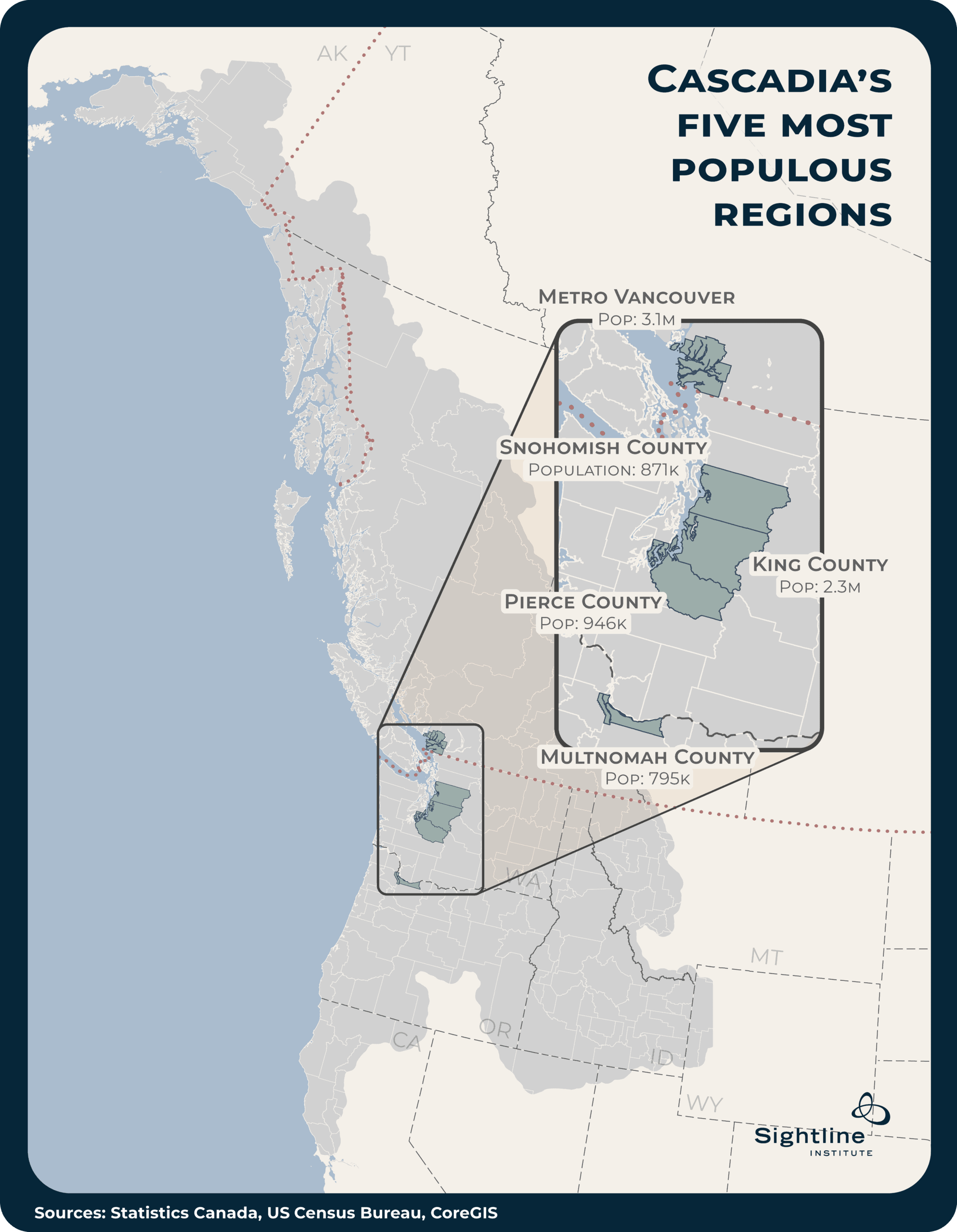 Map showing Cascadia's 5 most populous regions